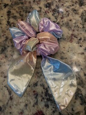 Hand Crafted Iridescent Pastel Scrunchie with Bow - Pink Purple Blue Gold